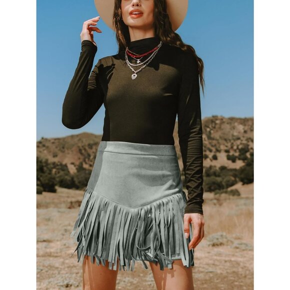 Women Fringe Skirt Western Cowgirl Terra Cotta High Waist Mini Skirt Dark Grey - Picture 6 of 6